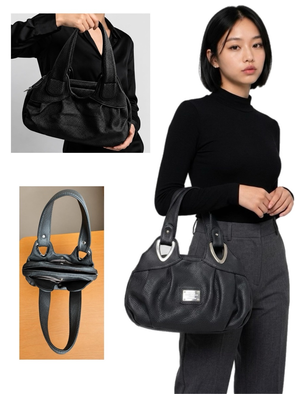 Classic Black Pebbled Shoulder Bag with Metal Plaque
